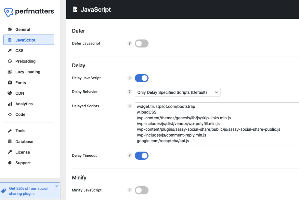Perfmatters > JavaScript settings