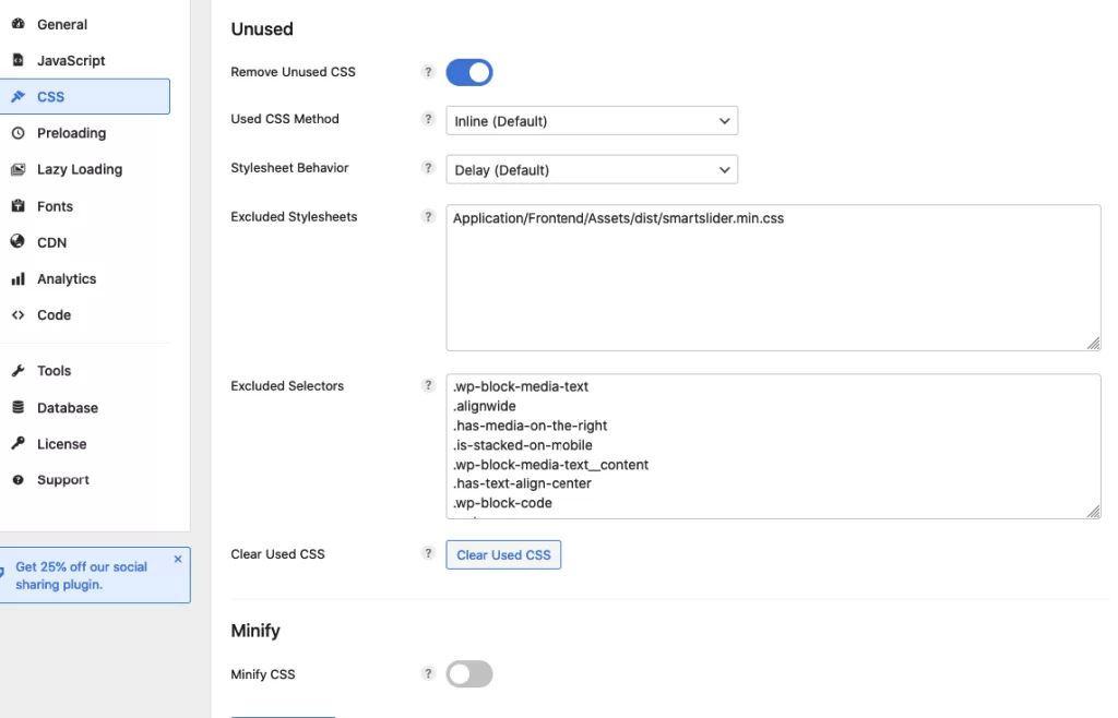 Perfmatters CSS optimization settings