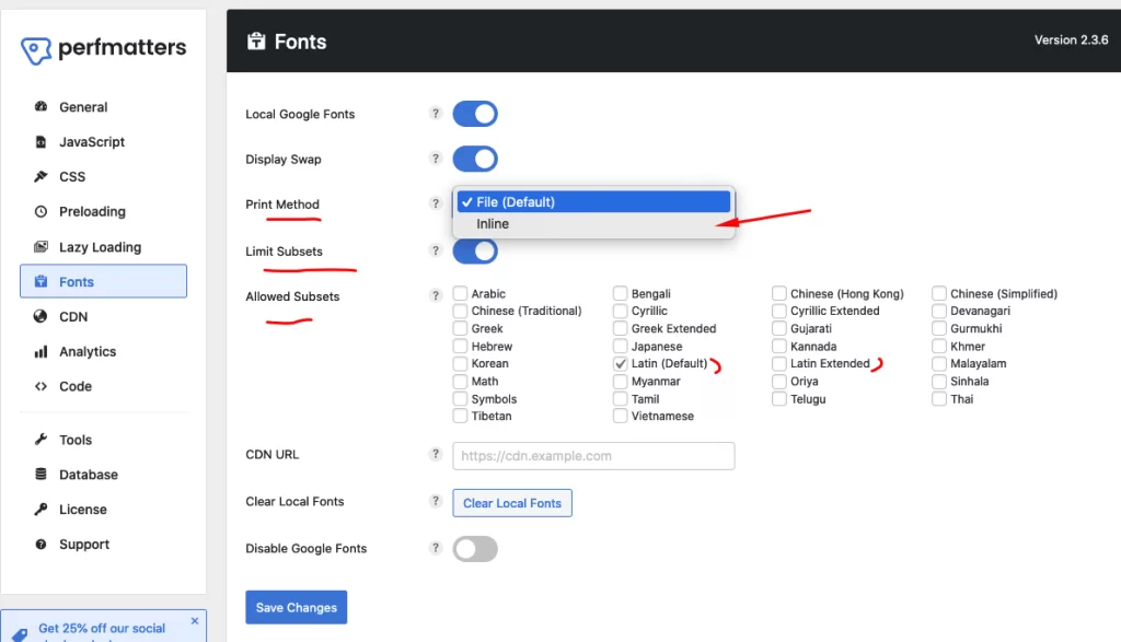 Perfmatters fonts optimization settings