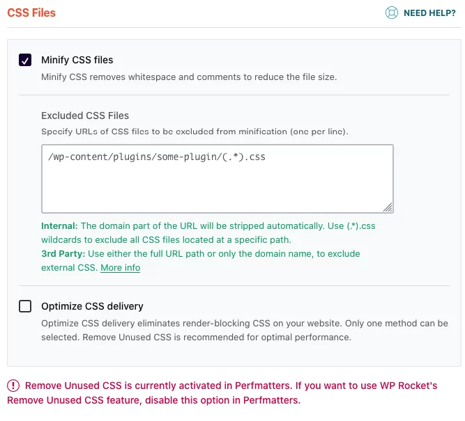 WP Rocket CSS optimization settings