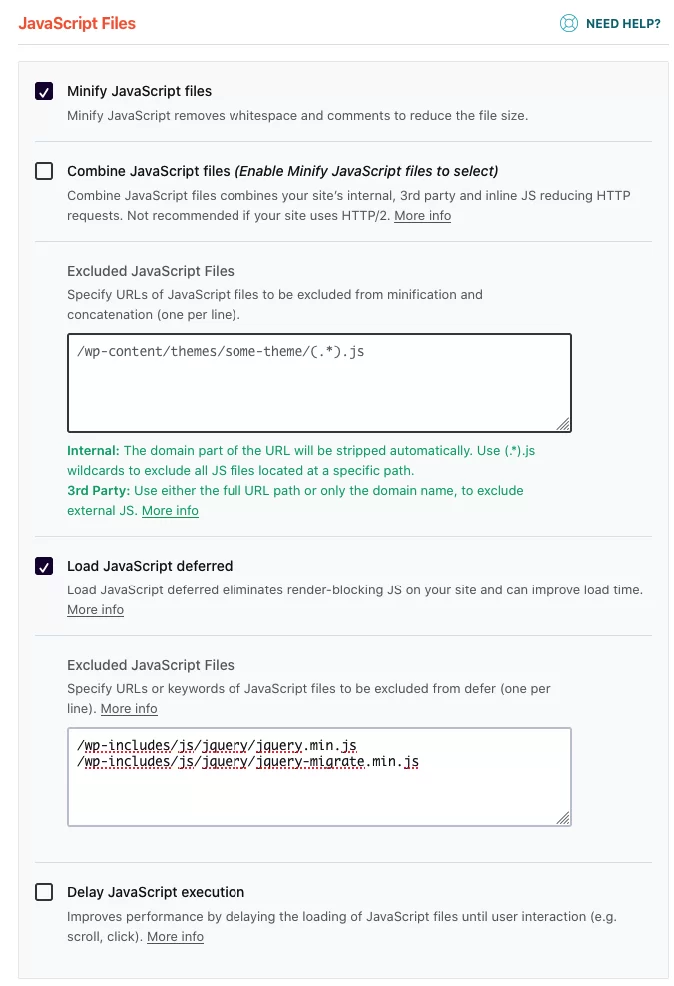 WP Rocket javascript optimization settings