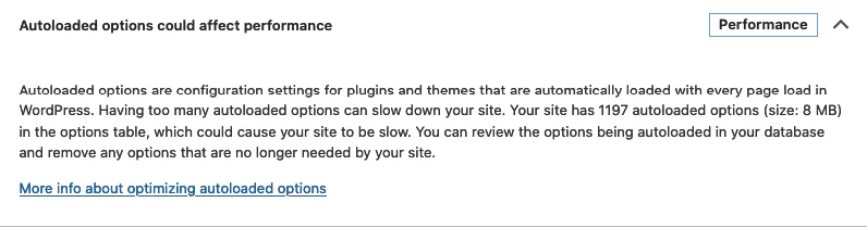 Autoloaded options wordpress site health issue