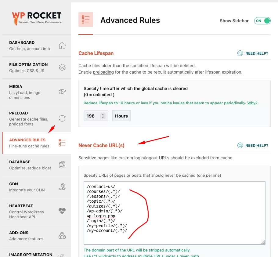 WP Rocket settings for LearnDash